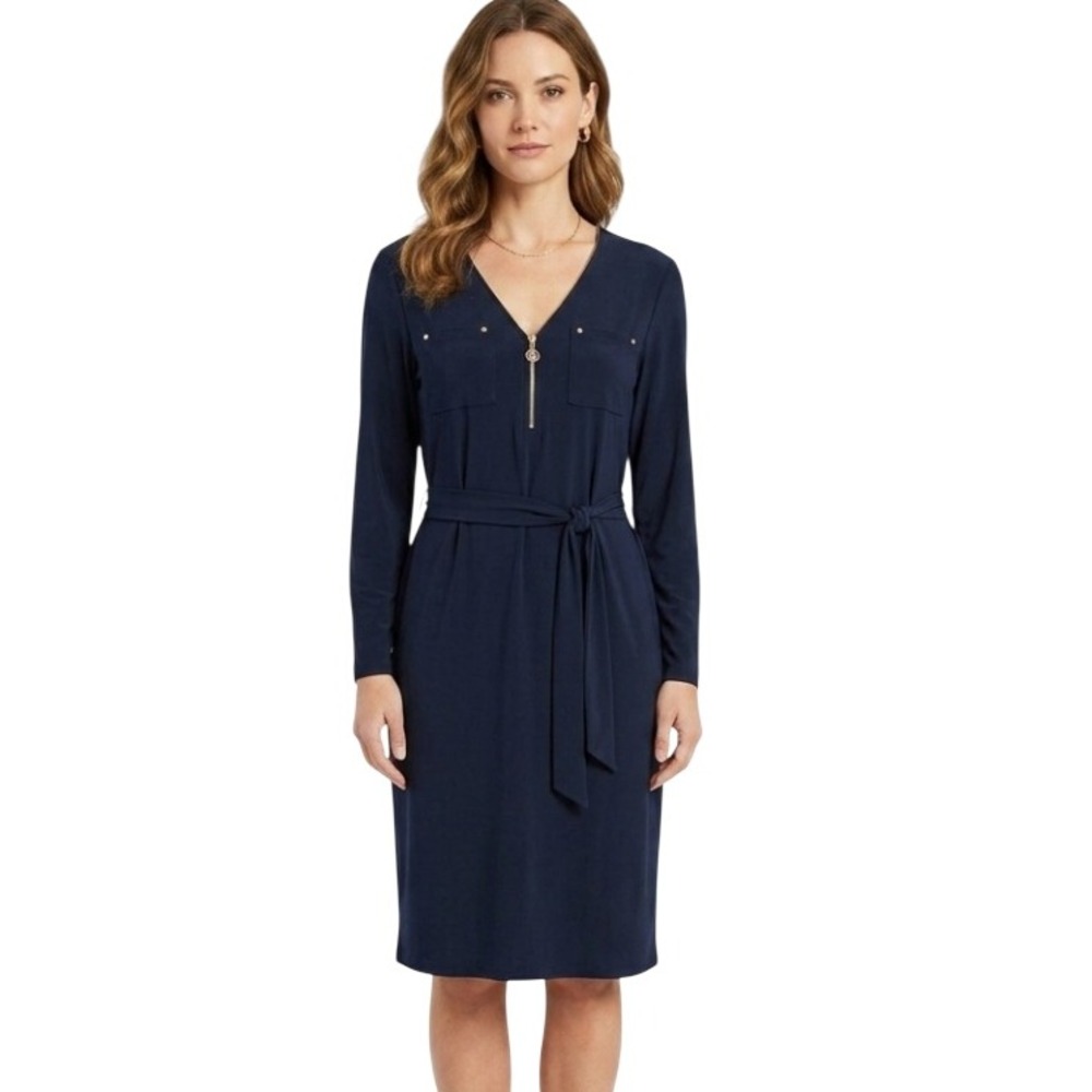 Anne Klein Sheath Dress Womens Medium Navy Blue Gold Zip Front Belt Professional